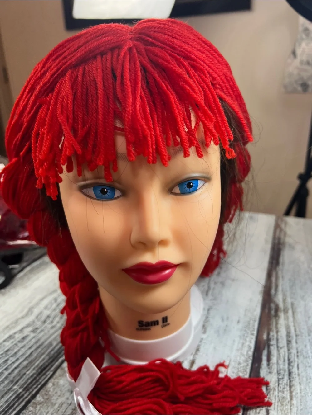 Braided Rag Doll Red Yarn Wig Costume Wig with Pigtail Braids & Bangs